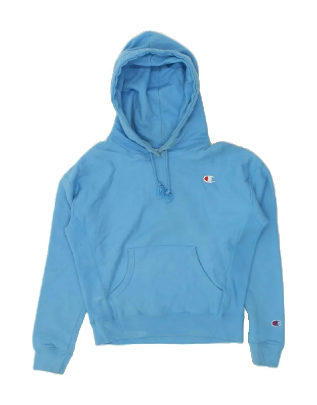 CHAMPION Womens Hoodie Jumper UK 10 Small Blue Cotton Hoodie with Hem Frayed Vintage Worn CHAMPION Womens Hoodie Jumper UK 10 Small Blue Cotton Hoodie with Hem Frayed Vintage Worn