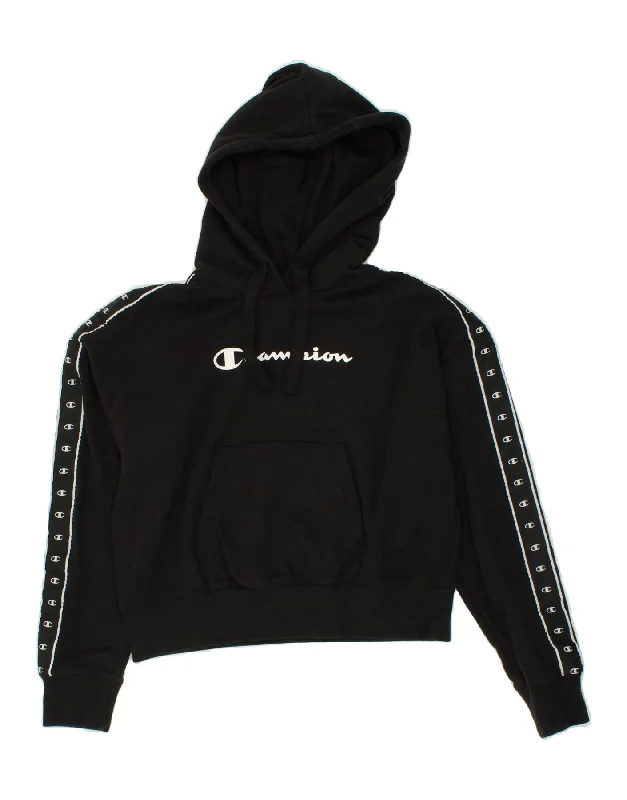 CHAMPION Womens Oversized Crop Graphic Hoodie Jumper UK 10 Small Black Hoodie with Illustration Artistic Creative CHAMPION Womens Oversized Crop Graphic Hoodie Jumper UK 10 Small Black Hoodie with Illustration Artistic Creative