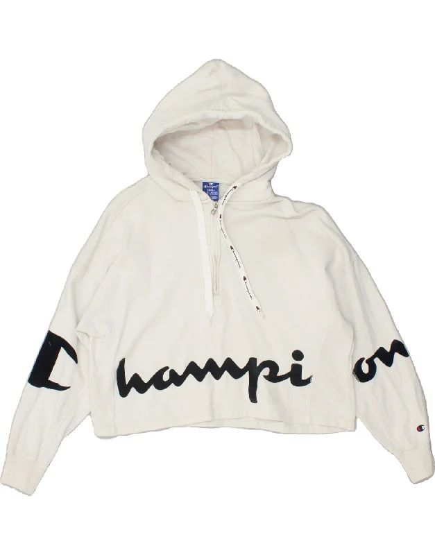 CHAMPION Womens Oversized Crop Graphic Hoodie Jumper UK 10 Small White Hoodie with Mock Neck Collared Structured CHAMPION Womens Oversized Crop Graphic Hoodie Jumper UK 10 Small White Hoodie with Mock Neck Collared Structured