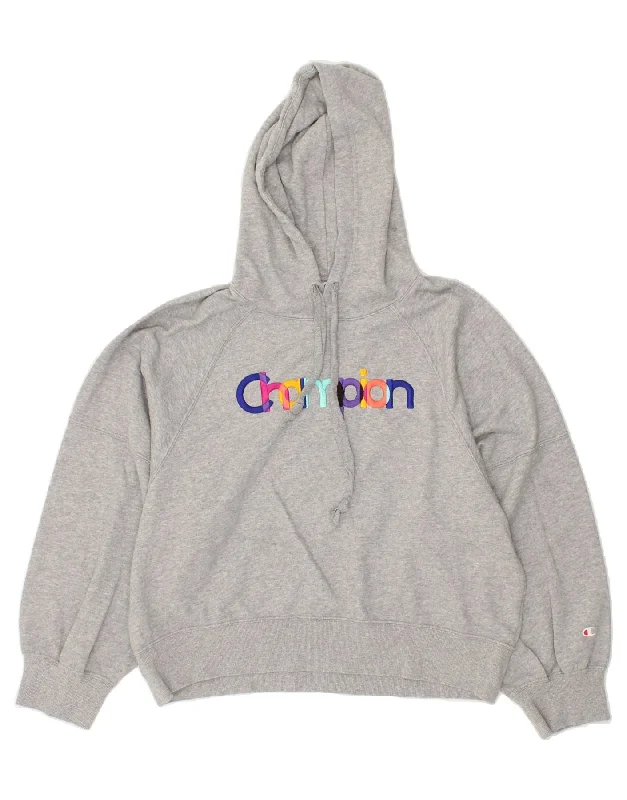CHAMPION Womens Oversized Crop Graphic Hoodie Jumper UK 14 Medium Grey Hoodie with Button Placket Classic Preppy CHAMPION Womens Oversized Crop Graphic Hoodie Jumper UK 14 Medium Grey Hoodie with Button Placket Classic Preppy