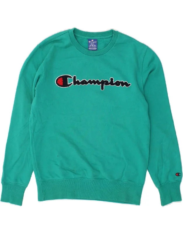 CHAMPION Womens Oversized Graphic Sweatshirt Jumper UK 10 Small Green Hoodie with Slit Hem Functional Movement CHAMPION Womens Oversized Graphic Sweatshirt Jumper UK 10 Small Green Hoodie with Slit Hem Functional Movement