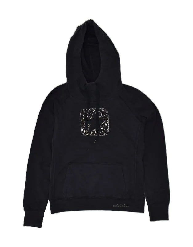 CONVERSE Womens Graphic Hoodie Jumper UK 12 Medium Navy Blue Cotton Hoodie with Slit Hem Functional Movement CONVERSE Womens Graphic Hoodie Jumper UK 12 Medium Navy Blue Cotton Hoodie with Slit Hem Functional Movement