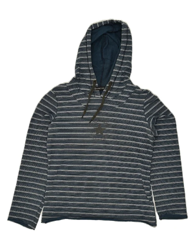 CONVERSE Womens Graphic Hoodie Jumper UK 14 Medium Navy Blue Striped Hoodie with Hem Elastic Stretchable Comfortable CONVERSE Womens Graphic Hoodie Jumper UK 14 Medium Navy Blue Striped Hoodie with Hem Elastic Stretchable Comfortable