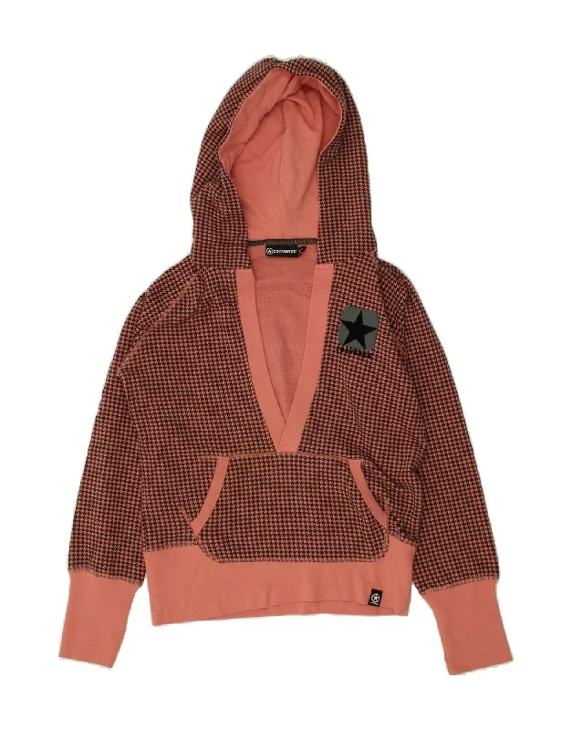 CONVERSE Womens Hoodie Jumper UK 16 Large Pink Houndstooth Cotton Hoodie with Hem Lace Feminine Delicate CONVERSE Womens Hoodie Jumper UK 16 Large Pink Houndstooth Cotton Hoodie with Hem Lace Feminine Delicate