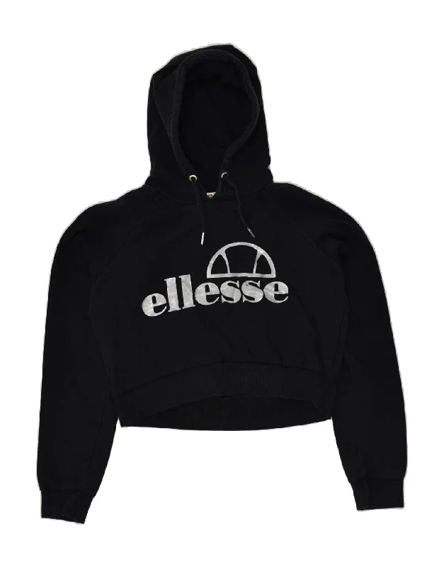 ELLESSE Womens Crop Graphic Hoodie Jumper UK 12 Medium Black Cotton Hoodie with Metallic Shiny Futuristic ELLESSE Womens Crop Graphic Hoodie Jumper UK 12 Medium Black Cotton Hoodie with Metallic Shiny Futuristic
