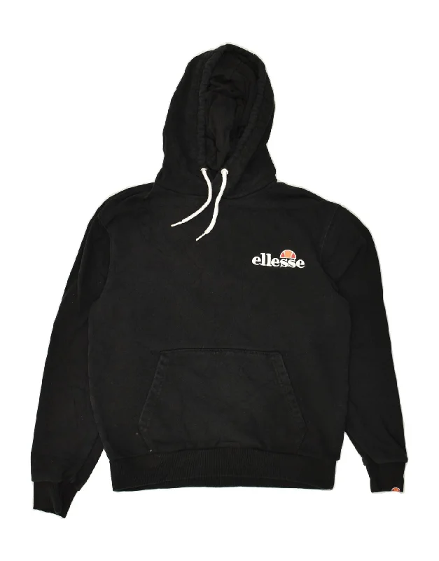 ELLESSE Womens Loose Fit Graphic Hoodie Jumper UK 10 Small Black Cotton Hoodie with Hem Applique Textured Unique ELLESSE Womens Loose Fit Graphic Hoodie Jumper UK 10 Small Black Cotton Hoodie with Hem Applique Textured Unique