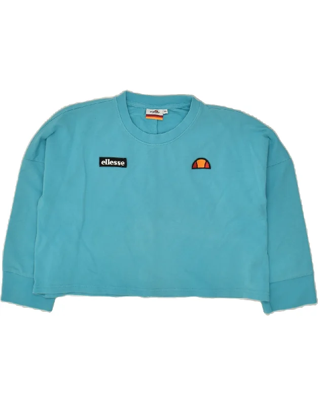 ELLESSE Womens Oversized Crop Graphic Sweatshirt Jumper UK 6 XS Blue Hoodie with Hem Lace Feminine Delicate ELLESSE Womens Oversized Crop Graphic Sweatshirt Jumper UK 6 XS Blue Hoodie with Hem Lace Feminine Delicate