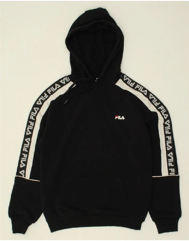 FILA Womens Graphic Hoodie Jumper UK 6 XS Black Colourblock Hoodie with Cropped Fit Short Trendy FILA Womens Graphic Hoodie Jumper UK 6 XS Black Colourblock Hoodie with Cropped Fit Short Trendy