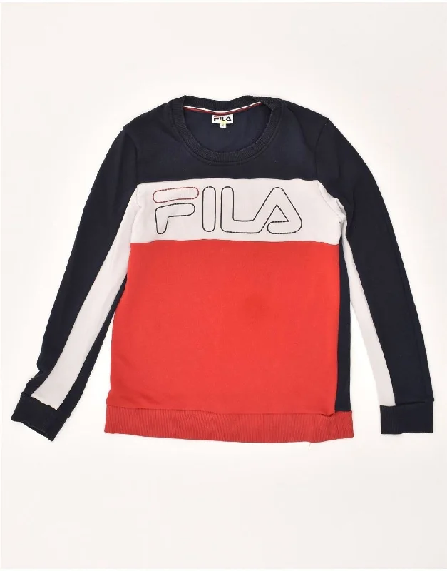 FILA Womens Graphic Sweatshirt Jumper EU 36 Small Red Colourblock Cotton Hoodie with Sequins Glamorous Eye-catching FILA Womens Graphic Sweatshirt Jumper EU 36 Small Red Colourblock Cotton Hoodie with Sequins Glamorous Eye-catching