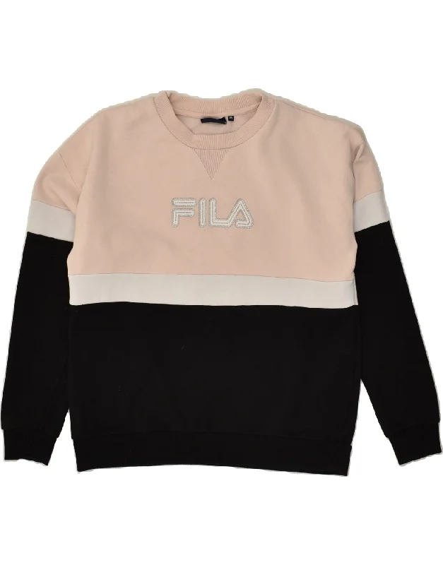 FILA Womens Graphic Sweatshirt Jumper UK 14 Medium Black Colourblock Hoodie with Longline Fit Extended Stylish FILA Womens Graphic Sweatshirt Jumper UK 14 Medium Black Colourblock Hoodie with Longline Fit Extended Stylish