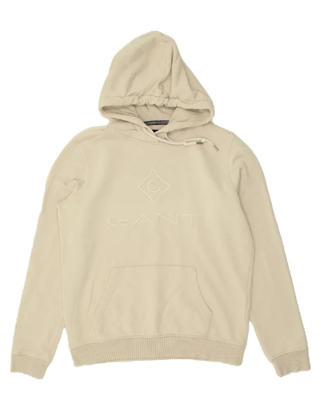 GANT Womens Graphic Hoodie Jumper UK 14 Medium Beige Hoodie with Hem Applique Textured Unique GANT Womens Graphic Hoodie Jumper UK 14 Medium Beige Hoodie with Hem Applique Textured Unique