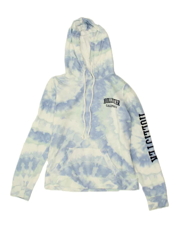 HOLLISTER Womens Graphic Hoodie Jumper UK 10 Small Blue Tie Dye Cotton Hoodie with Bell Sleeves Flared Feminine HOLLISTER Womens Graphic Hoodie Jumper UK 10 Small Blue Tie Dye Cotton Hoodie with Bell Sleeves Flared Feminine