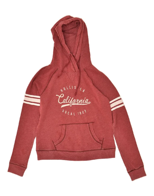 HOLLISTER Womens Graphic Hoodie Jumper UK 10 Small Maroon Cotton Hoodie with Batwing Sleeves Loose Dramatic HOLLISTER Womens Graphic Hoodie Jumper UK 10 Small Maroon Cotton Hoodie with Batwing Sleeves Loose Dramatic