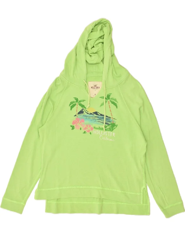 HOLLISTER Womens Graphic Hoodie Jumper UK 14 Medium Green Cotton Hoodie with Hem Ribbing Snug Secure HOLLISTER Womens Graphic Hoodie Jumper UK 14 Medium Green Cotton Hoodie with Hem Ribbing Snug Secure