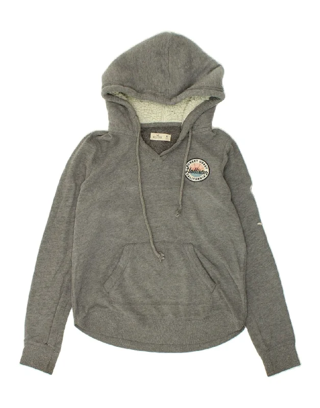 HOLLISTER Womens Graphic Hoodie Jumper UK 14 Medium Grey Cotton Hoodie with Mock Neck Collared Structured HOLLISTER Womens Graphic Hoodie Jumper UK 14 Medium Grey Cotton Hoodie with Mock Neck Collared Structured