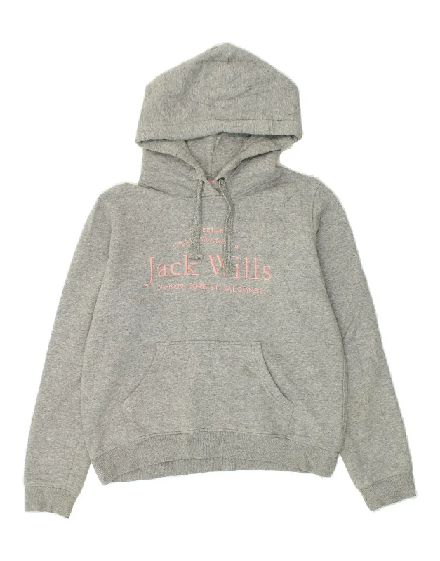 JACK WILLS Womens Graphic Hoodie Jumper UK 10 Small Grey Flecked Cotton Hoodie with Button Classic Timeless