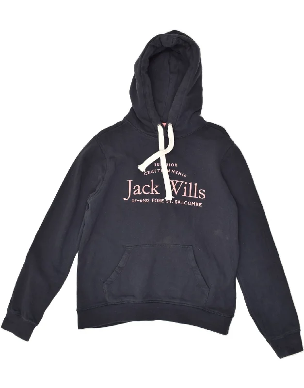 JACK WILLS Womens Graphic Hoodie Jumper UK 12 Medium Navy Blue Cotton Hoodie with Print Artistic Unique JACK WILLS Womens Graphic Hoodie Jumper UK 12 Medium Navy Blue Cotton Hoodie with Print Artistic Unique