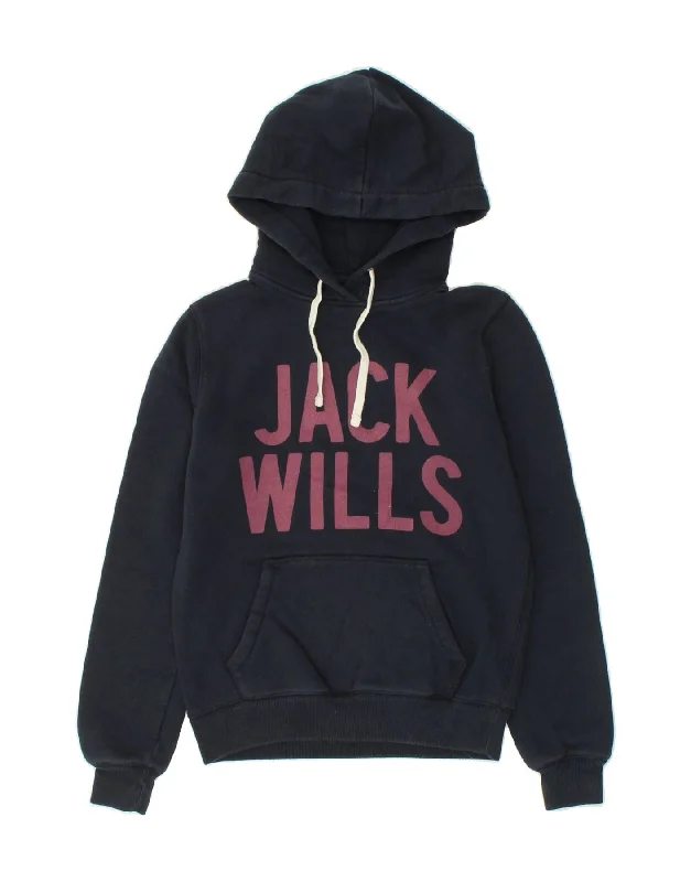 JACK WILLS Womens Graphic Hoodie Jumper UK 6 XS Navy Blue Cotton Hoodie with Patch Decorative Personalized JACK WILLS Womens Graphic Hoodie Jumper UK 6 XS Navy Blue Cotton Hoodie with Patch Decorative Personalized