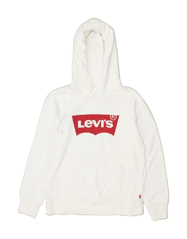 LEVI'S Womens Graphic Hoodie Jumper UK 6 XS White Cotton Hoodie with Hem Embroidery Detailed Premium LEVI'S Womens Graphic Hoodie Jumper UK 6 XS White Cotton Hoodie with Hem Embroidery Detailed Premium