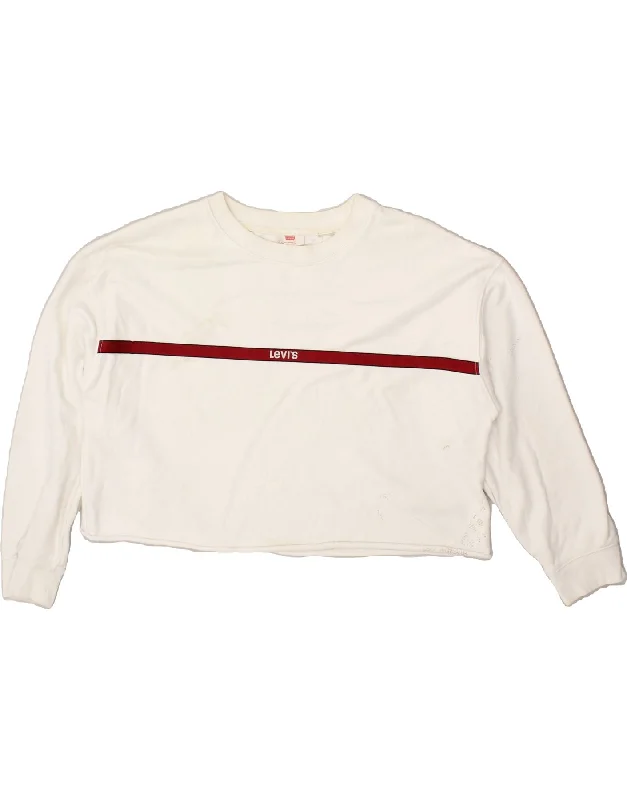 LEVI'S Womens Oversized Crop Sweatshirt Jumper UK 16 Large White Hoodie with Hem Raw Edge Edgy Unfinished LEVI'S Womens Oversized Crop Sweatshirt Jumper UK 16 Large White Hoodie with Hem Raw Edge Edgy Unfinished