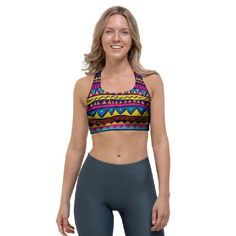 Multicolor Native Aztec Abstract Geometric Sports Bra Soft Cup Bralette