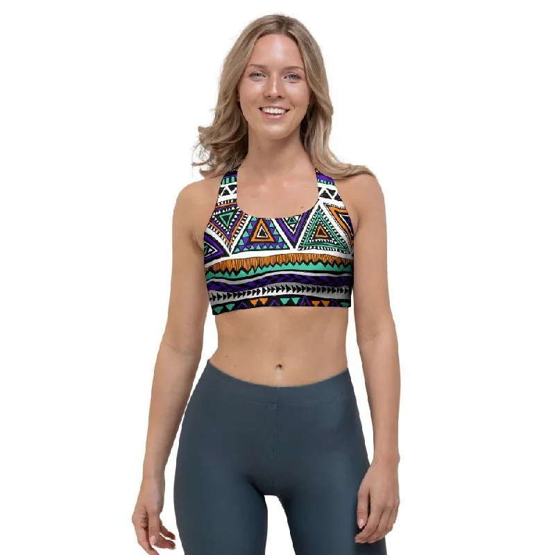 Neon Color Indian Aztec Doodle Sports Bra Lace Back Bra