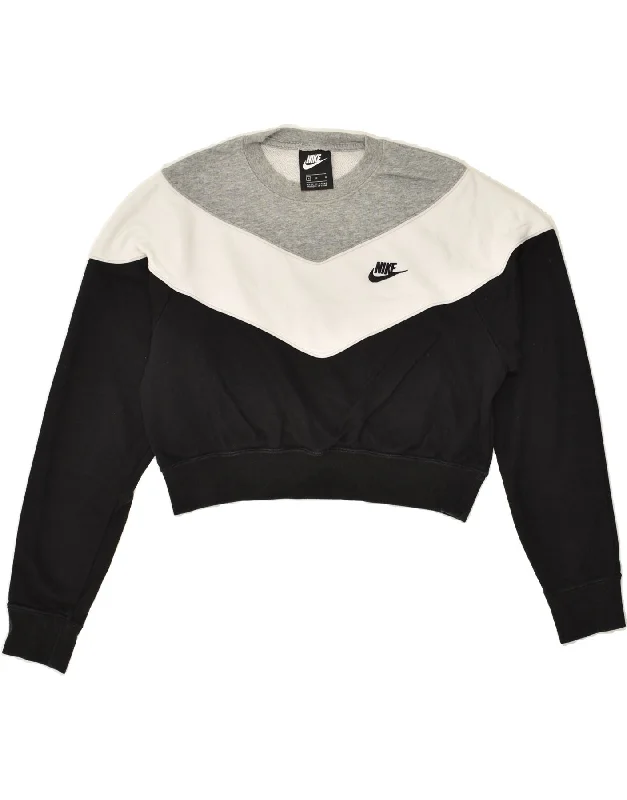 NIKE Womens Crop Sweatshirt Jumper UK 14 Medium Black Colourblock Cotton Hoodie with Contrast Stitching Detailed Premium NIKE Womens Crop Sweatshirt Jumper UK 14 Medium Black Colourblock Cotton Hoodie with Contrast Stitching Detailed Premium