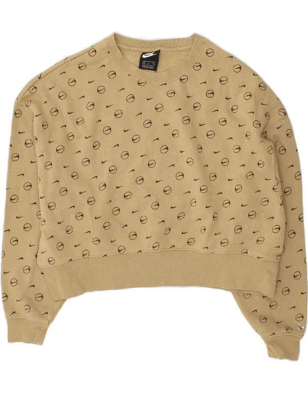 NIKE Womens Graphic Crop Sweatshirt Jumper UK 10 Small Beige Hoodie with Sequins Glamorous Eye-catching NIKE Womens Graphic Crop Sweatshirt Jumper UK 10 Small Beige Hoodie with Sequins Glamorous Eye-catching