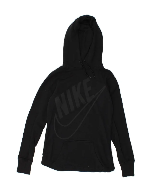 NIKE Womens Graphic Hoodie Jumper UK 10 Small Black Cotton Hoodie with Elastic Waist Stretchable Comfortable NIKE Womens Graphic Hoodie Jumper UK 10 Small Black Cotton Hoodie with Elastic Waist Stretchable Comfortable