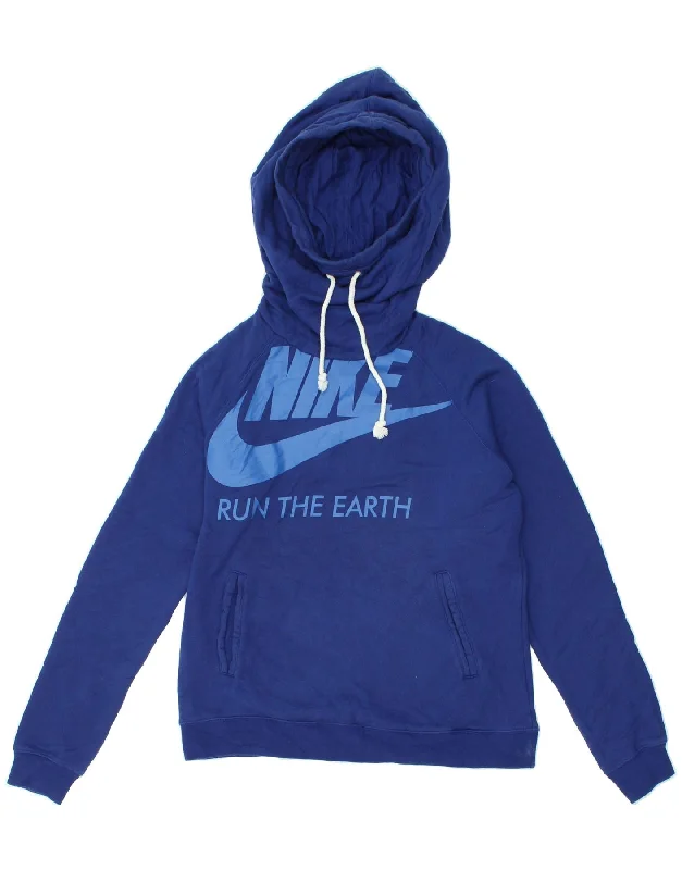NIKE Womens Graphic Hoodie Jumper UK 14 Large Blue Hoodie with Strings Custom Fit Adjustable NIKE Womens Graphic Hoodie Jumper UK 14 Large Blue Hoodie with Strings Custom Fit Adjustable