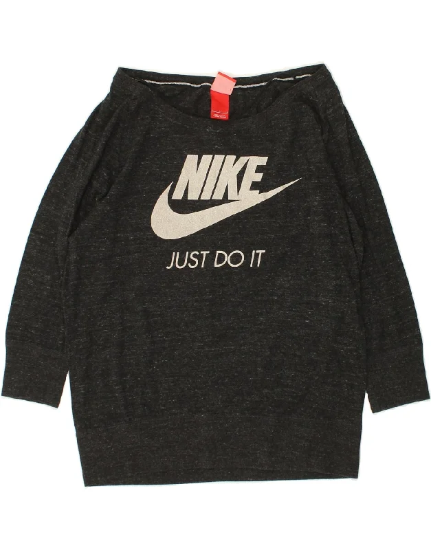 NIKE Womens Graphic Sweatshirt Jumper UK 16 Large Grey Flecked Cotton Hoodie with Hem Raw Edge Edgy Unfinished NIKE Womens Graphic Sweatshirt Jumper UK 16 Large Grey Flecked Cotton Hoodie with Hem Raw Edge Edgy Unfinished