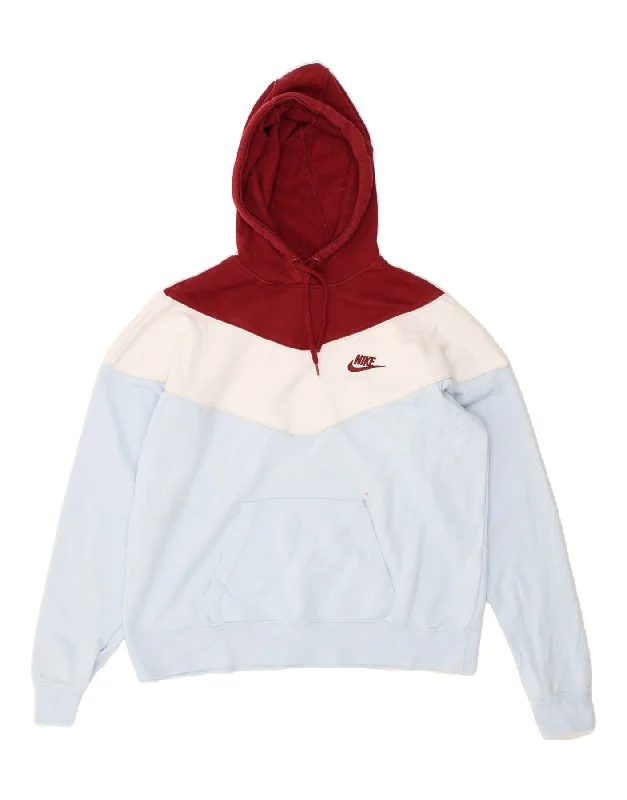 NIKE Womens Hoodie Jumper UK 14 Medium Blue Colourblock Cotton Hoodie with Puffed Sleeves Voluminous Trendy NIKE Womens Hoodie Jumper UK 14 Medium Blue Colourblock Cotton Hoodie with Puffed Sleeves Voluminous Trendy