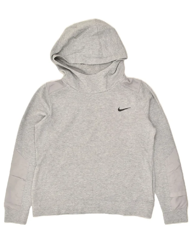 NIKE Womens Hoodie Jumper UK 14 Medium Grey Cotton Hoodie with Hem Frayed Vintage Worn NIKE Womens Hoodie Jumper UK 14 Medium Grey Cotton Hoodie with Hem Frayed Vintage Worn