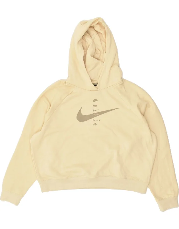 NIKE Womens Oversized Crop Graphic Hoodie Jumper UK 16 Large Beige Hoodie with Emblem Brand Identity NIKE Womens Oversized Crop Graphic Hoodie Jumper UK 16 Large Beige Hoodie with Emblem Brand Identity