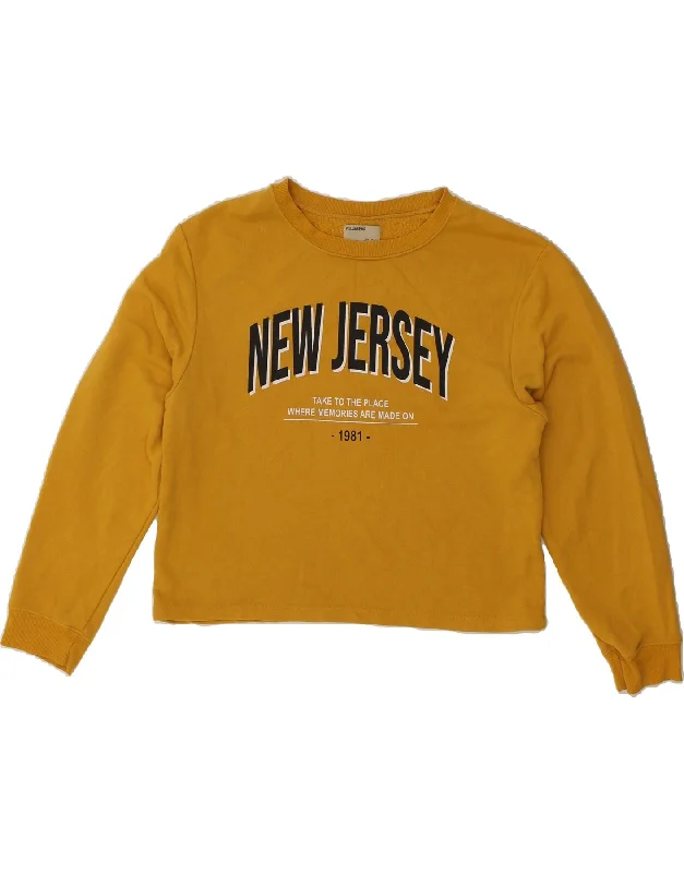 PULL & BEAR Womens Crop Graphic Sweatshirt Jumper UK 12 Medium Yellow Hoodie with Front Slit Layering Stylish PULL & BEAR Womens Crop Graphic Sweatshirt Jumper UK 12 Medium Yellow Hoodie with Front Slit Layering Stylish