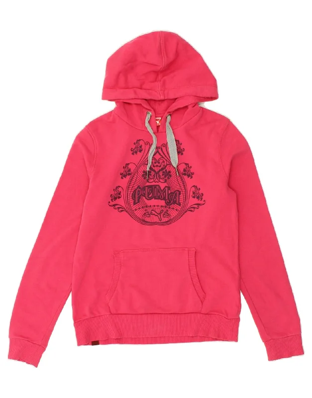 PUMA Womens Graphic Hoodie Jumper UK 12 Medium Pink Hoodie with Embroidery Detailed Premium PUMA Womens Graphic Hoodie Jumper UK 12 Medium Pink Hoodie with Embroidery Detailed Premium