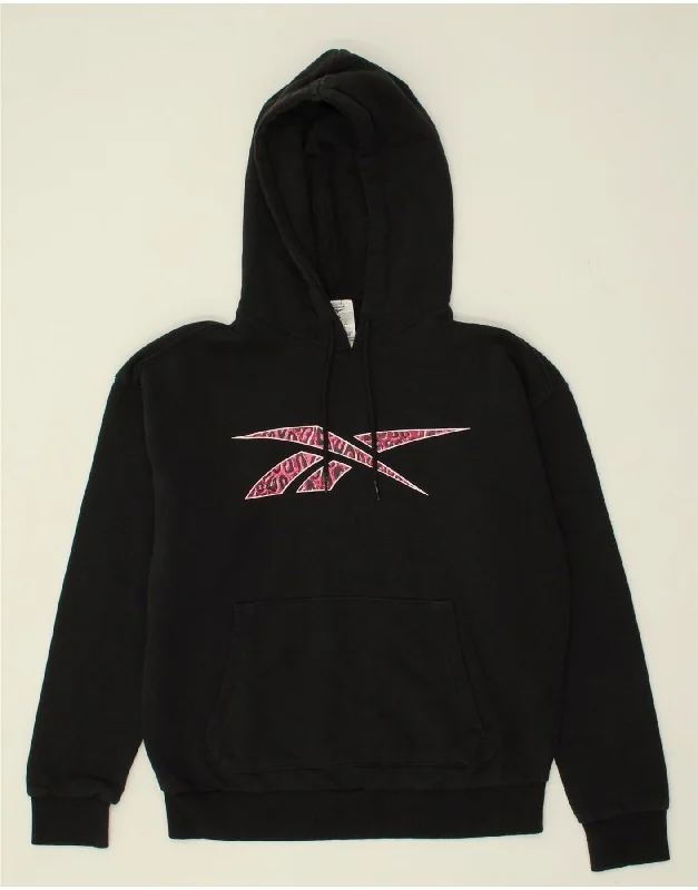 REEBOK Womens Graphic Hoodie Jumper UK 8/10 Small Black Cotton Hoodie with Raw Hem Edgy Unfinished REEBOK Womens Graphic Hoodie Jumper UK 8/10 Small Black Cotton Hoodie with Raw Hem Edgy Unfinished