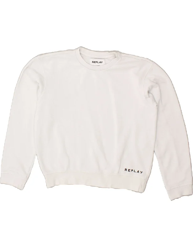 REPLAY Womens Oversized Crop Graphic Sweatshirt Jumper UK 10 Small White Graphic Hoodie Design Print REPLAY Womens Oversized Crop Graphic Sweatshirt Jumper UK 10 Small White Graphic Hoodie Design Print