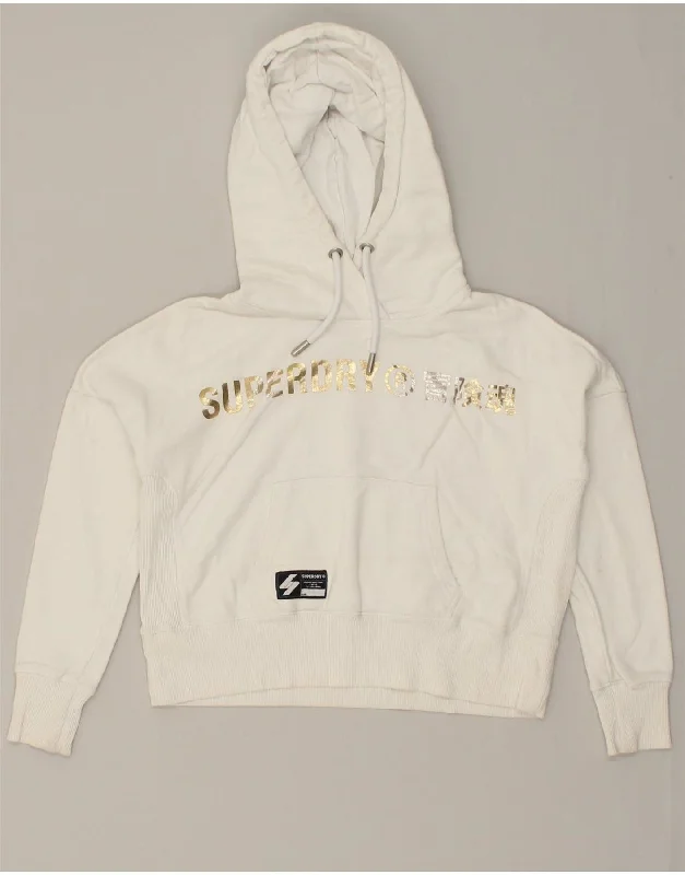 SUPERDRY Womens Crop Graphic Hoodie Jumper UK 8 Small White Cotton Hoodie with Hem Contrast Bold Stylish SUPERDRY Womens Crop Graphic Hoodie Jumper UK 8 Small White Cotton Hoodie with Hem Contrast Bold Stylish