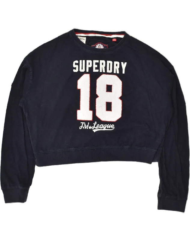 SUPERDRY Womens Crop Graphic Sweatshirt Jumper UK 16 Large Navy Blue Hoodie with Drawstring Waist Adjustable Fitted SUPERDRY Womens Crop Graphic Sweatshirt Jumper UK 16 Large Navy Blue Hoodie with Drawstring Waist Adjustable Fitted