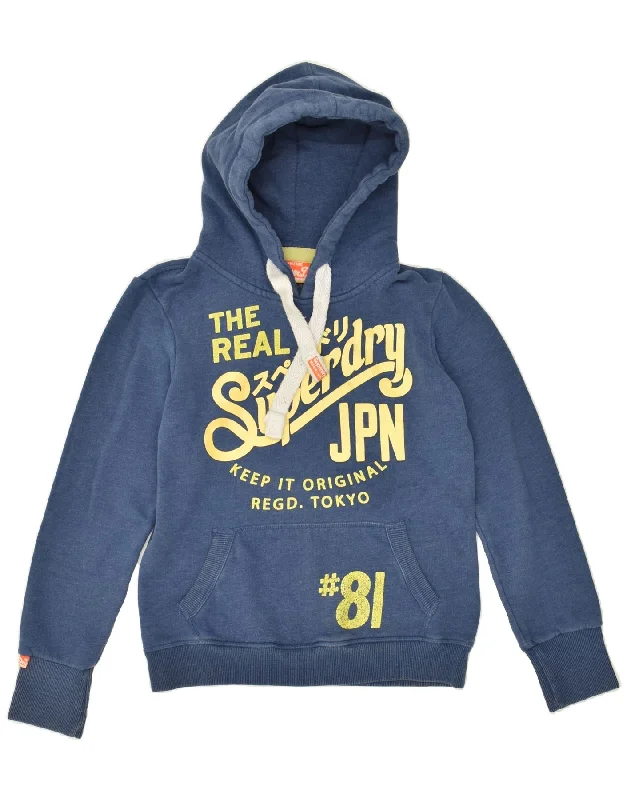 SUPERDRY Womens Graphic Hoodie Jumper UK 10 Small Blue Cotton Hoodie with Relaxed Fit Easy Casual SUPERDRY Womens Graphic Hoodie Jumper UK 10 Small Blue Cotton Hoodie with Relaxed Fit Easy Casual