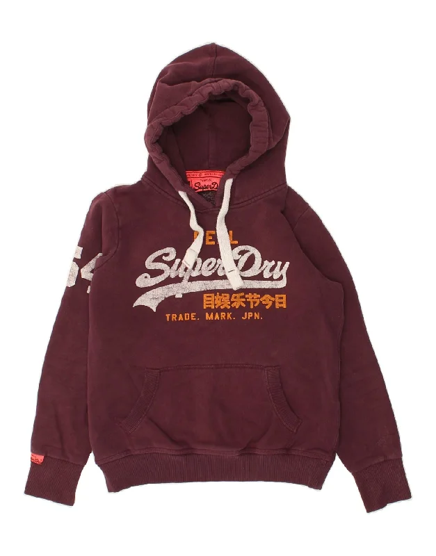 SUPERDRY Womens Graphic Hoodie Jumper UK 14 Medium Maroon Cotton Hoodie with Typography Text Message SUPERDRY Womens Graphic Hoodie Jumper UK 14 Medium Maroon Cotton Hoodie with Typography Text Message