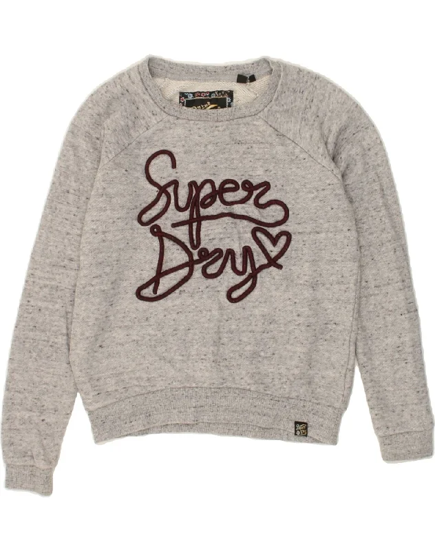 SUPERDRY Womens Graphic Sweatshirt Jumper UK 10 Small Grey Flecked Cotton Hoodie with Mock Neck Collared Structured SUPERDRY Womens Graphic Sweatshirt Jumper UK 10 Small Grey Flecked Cotton Hoodie with Mock Neck Collared Structured