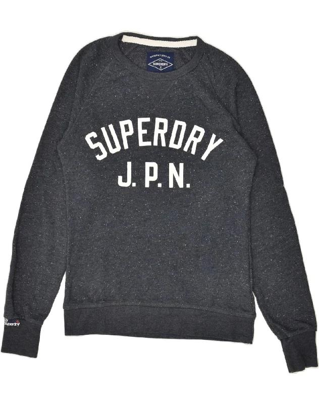 SUPERDRY Womens Graphic Sweatshirt Jumper UK 10 Small Navy Blue Cotton Hoodie with Hem Elastic Stretchable Comfortable SUPERDRY Womens Graphic Sweatshirt Jumper UK 10 Small Navy Blue Cotton Hoodie with Hem Elastic Stretchable Comfortable