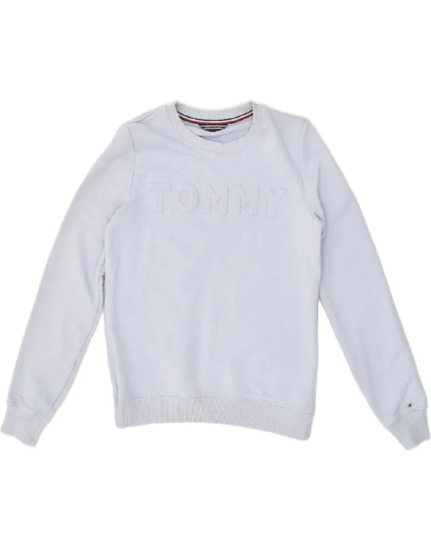 TOMMY HILFIGER Womens Graphic Sweatshirt Jumper UK 10 Small Blue Cotton Hoodie with Pocket Utility Practical TOMMY HILFIGER Womens Graphic Sweatshirt Jumper UK 10 Small Blue Cotton Hoodie with Pocket Utility Practical