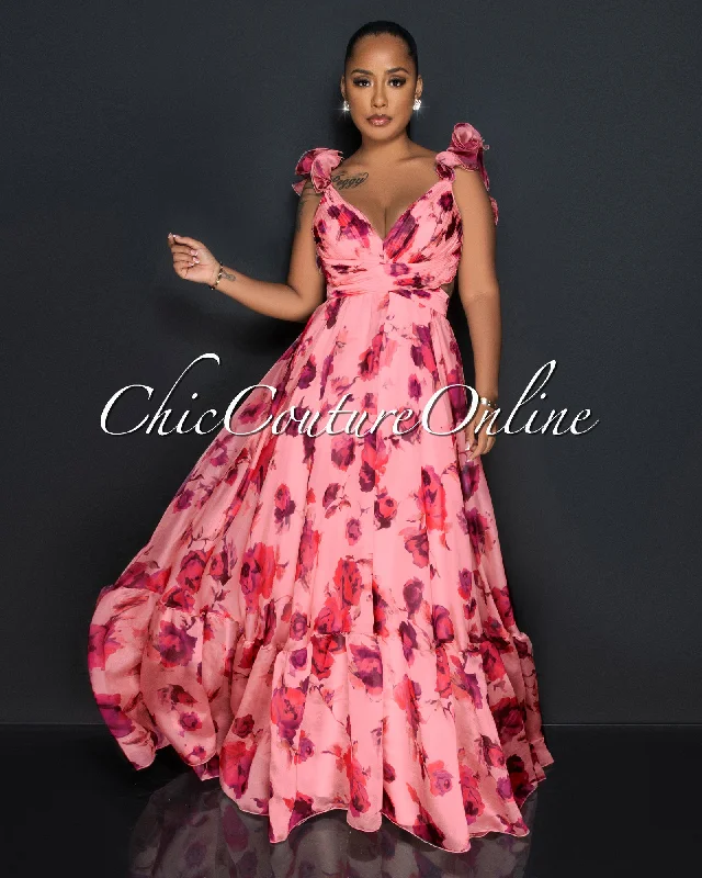 Anderson Salmon Floral Print Drape Ruffle Maxi Dress Stylish One-Shoulder Maxi Dress Anderson Salmon Floral Print Drape Ruffle Maxi Dress Stylish One-Shoulder Maxi Dress