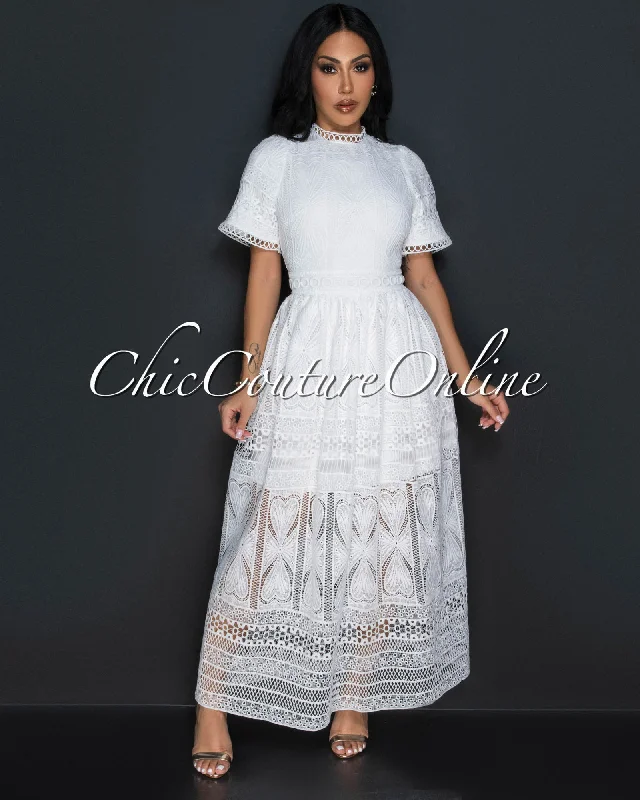 Aspyn White Lace Flared Maxi Dress Comfortable Pleated Maxi Dress