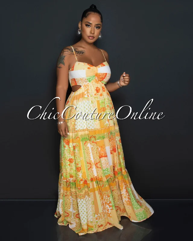 Beaver Yellow Multi-Color Print Waist Cut-Out Maxi Dress Fashionable High-Waist Maxi Dress Beaver Yellow Multi-Color Print Waist Cut-Out Maxi Dress Fashionable High-Waist Maxi Dress