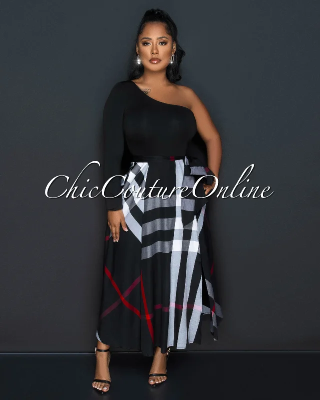 Breea Black Grey Plaid Print Two-Tone Single Shoulder Maxi Dress Cozy Cold-Shoulder Maxi Dress Breea Black Grey Plaid Print Two-Tone Single Shoulder Maxi Dress Cozy Cold-Shoulder Maxi Dress