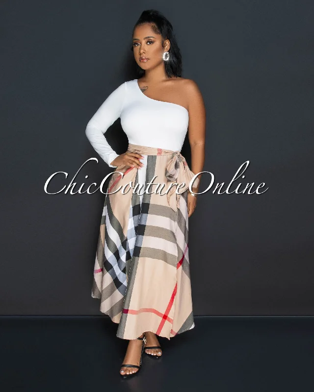 Breea White Brown Plaid Print Two-Tone Single Shoulder Maxi Dress (10/3) Elegant Lace-Up Maxi Dress Breea White Brown Plaid Print Two-Tone Single Shoulder Maxi Dress (10/3) Elegant Lace-Up Maxi Dress